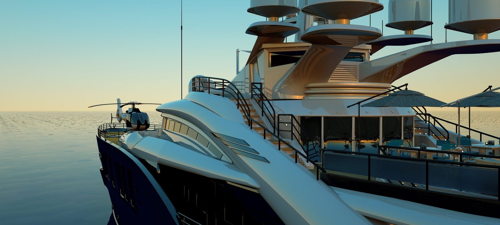 Superyacht superstructure and high-gloss white surfaces at sunrise