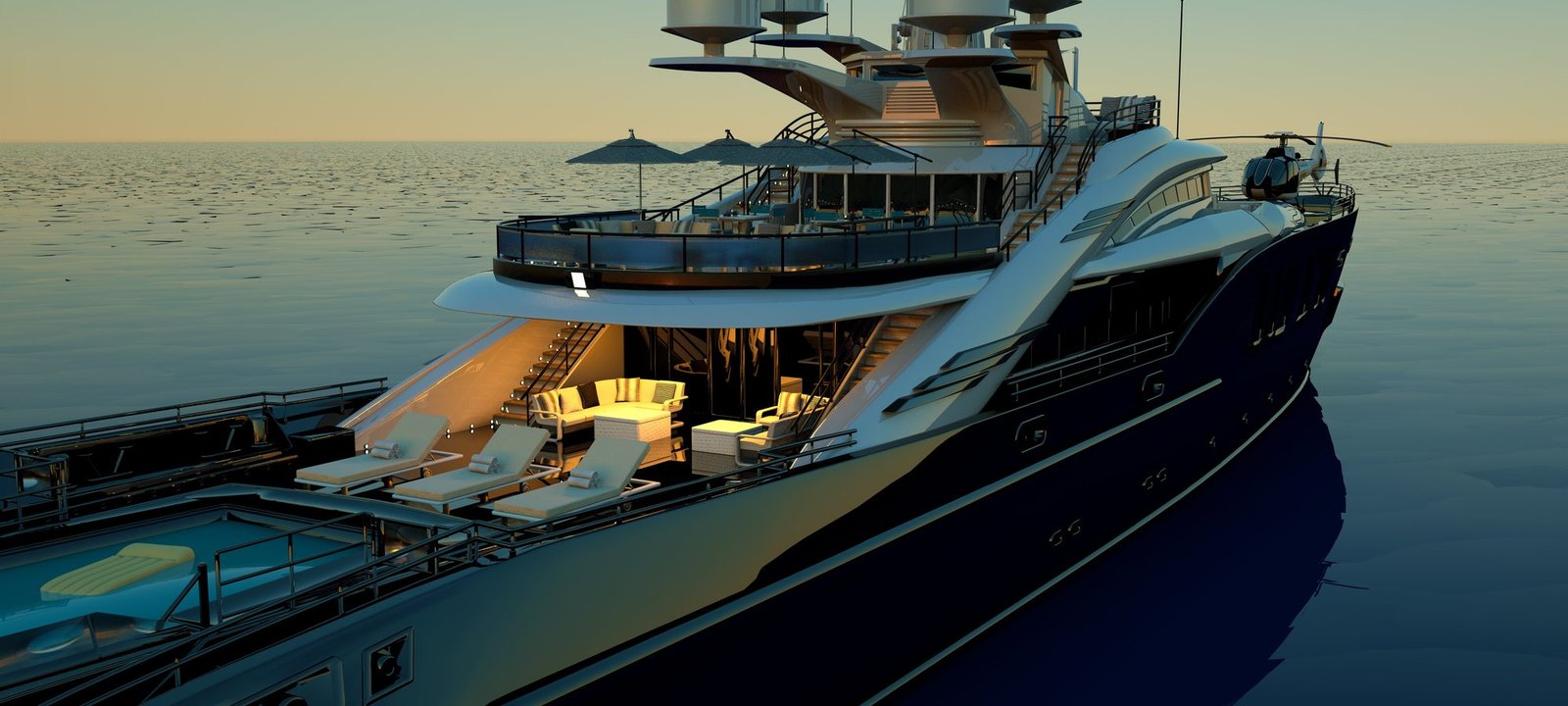 Superyacht at dusk on mirror-calm water, hull reflected in the surface