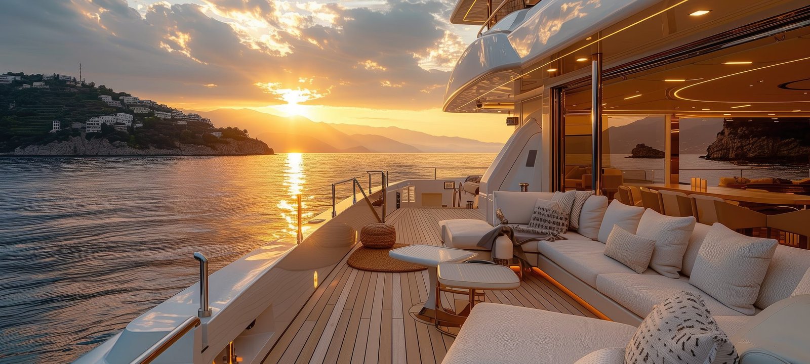Yacht aft deck at sunset facing the Italian coastline