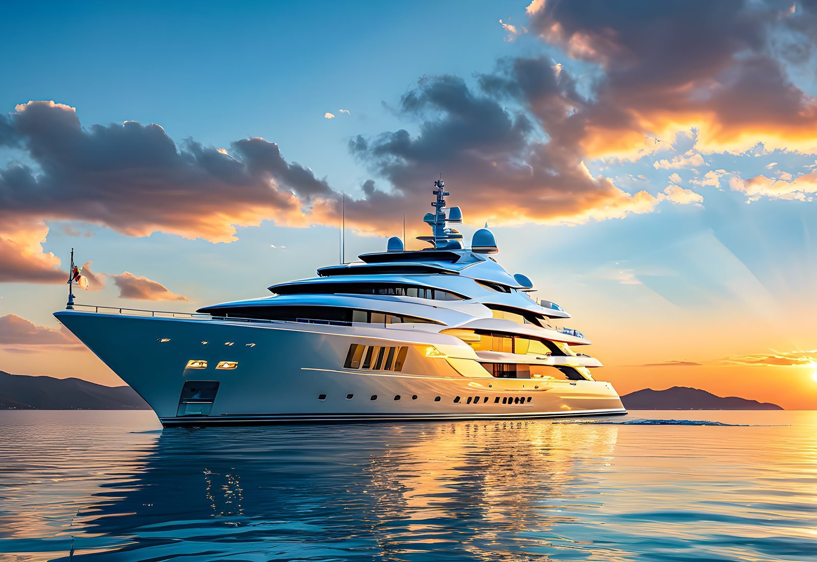 Motor yacht at sunset, high-gloss hull lacquer