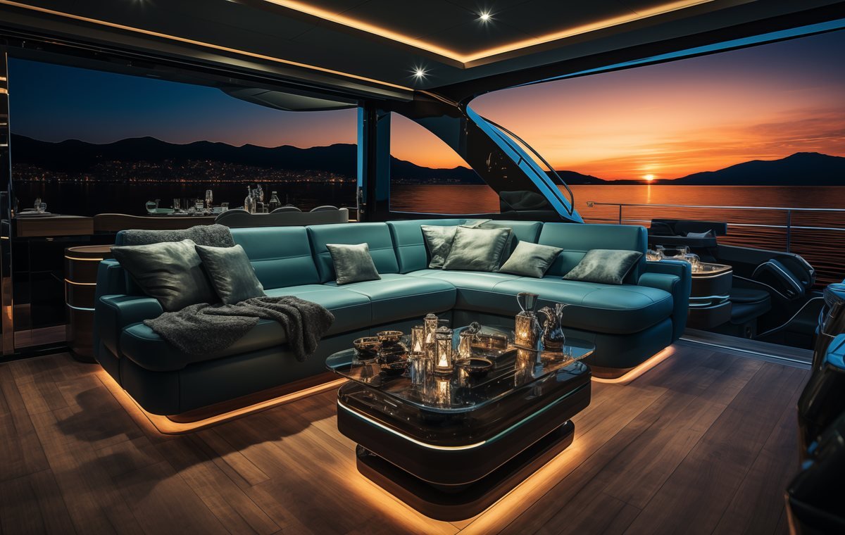 Yacht salon at sunset with interior refinement and lacquered detail