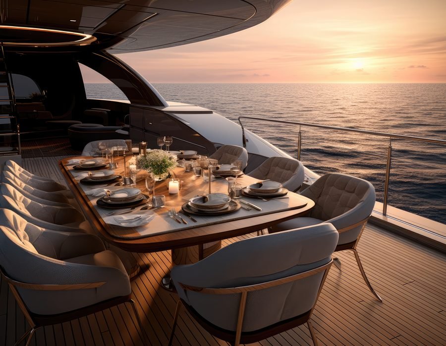 Aft deck dining at sunset with lacquered detail work