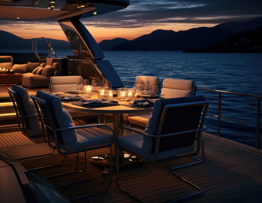 Deck dining area at dusk aboard a private yacht