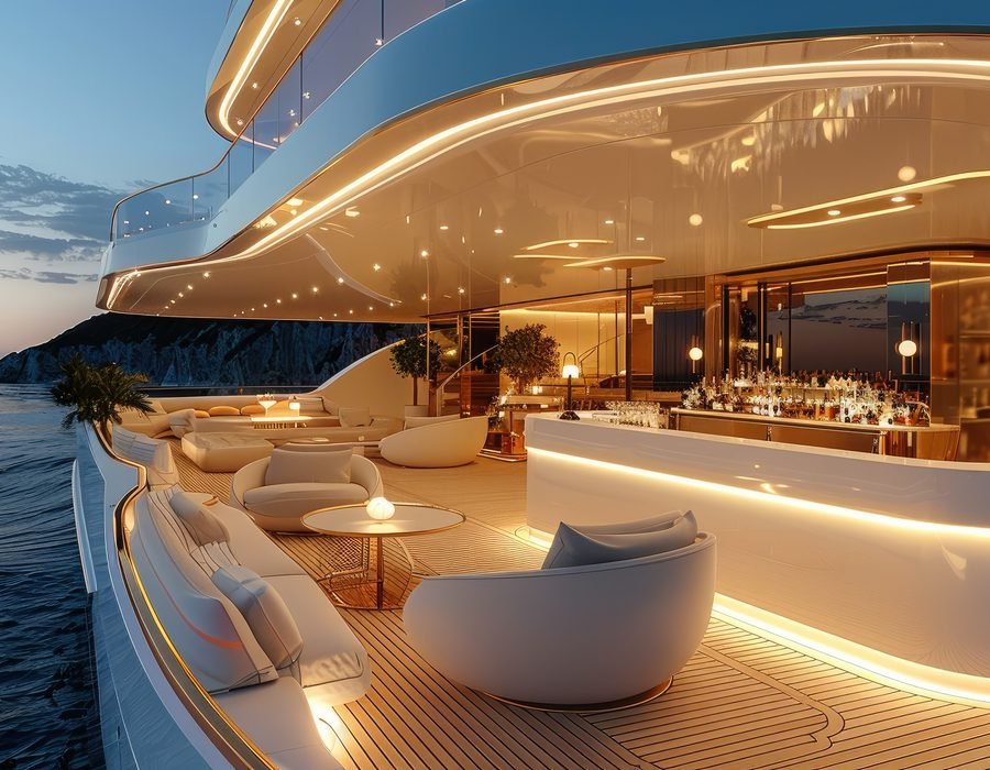 Yacht lounge and bar with decorative surfaces at dusk